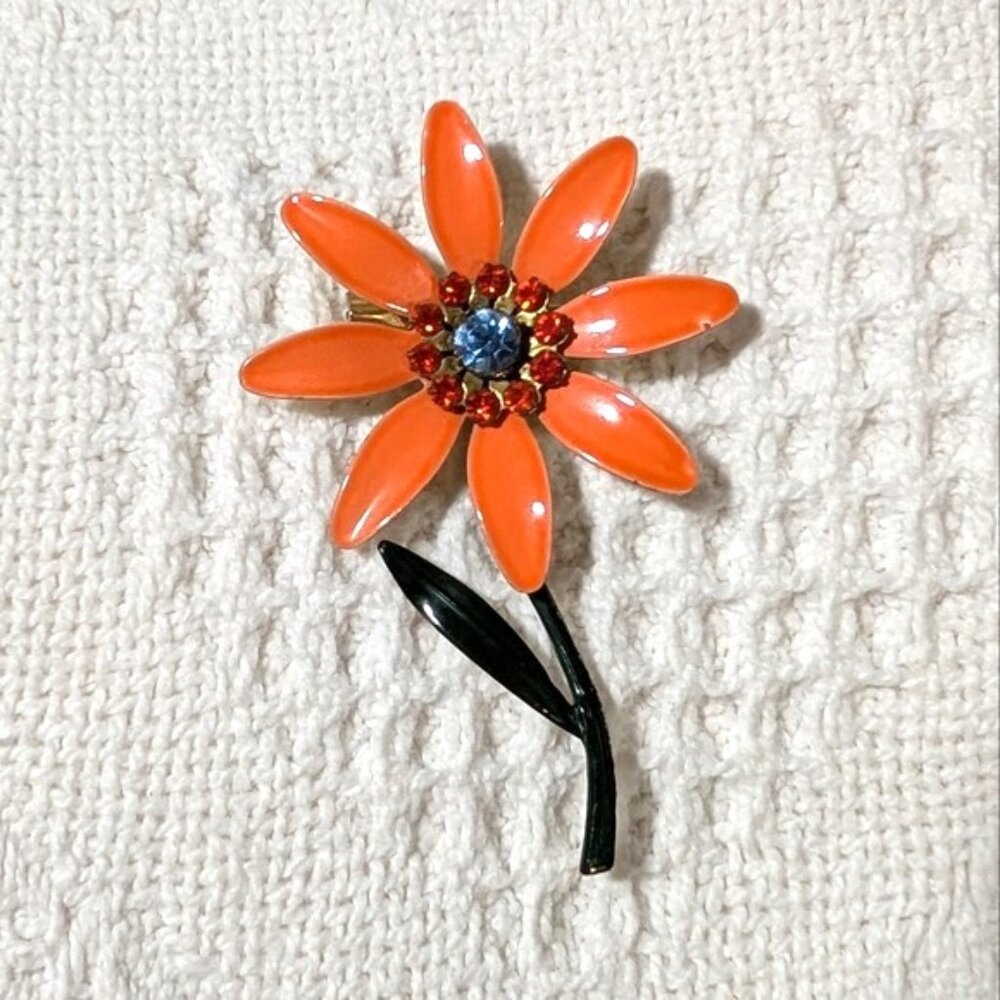 Vintage Orange Enamel‎ Flower Brooch With Blue and Red Rhinestone Center